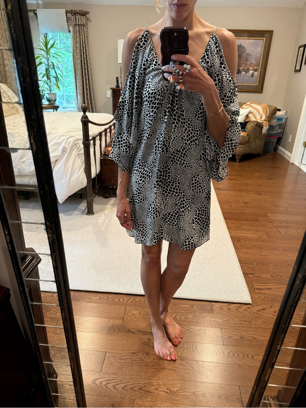 Cold-Shoulder Black & White Print Mini Dress